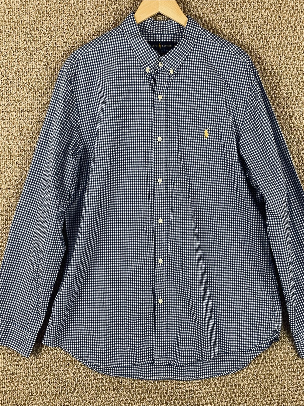 Polo Ralph Lauren Shirt Mens 2XL Slim Cotton Stretch Button Blue Check Pony 387